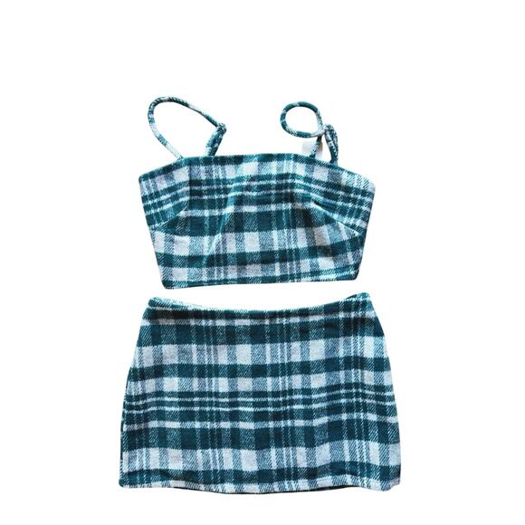 NWT Green Plaid 3-Piece Set Top Skirt Long Coat Small Holiday Academia Winter - Picture 6 of 16